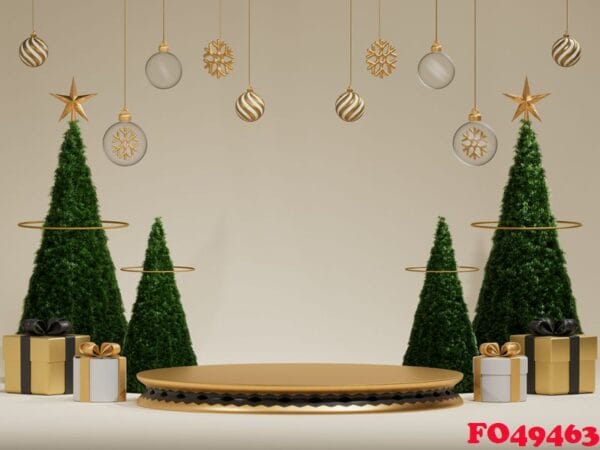 christmas background with cylindrical podium for promotions. round stage for presentation sale product. glass balls hanging. 3d render