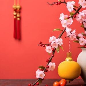 plum flower and festive decoration for lunar new year. generative ai