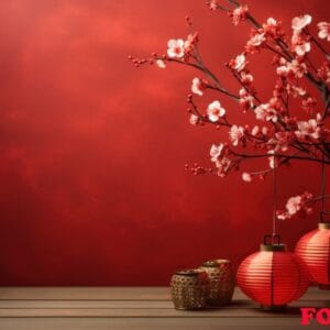 red background with china paper lanterns and cherry blossoms