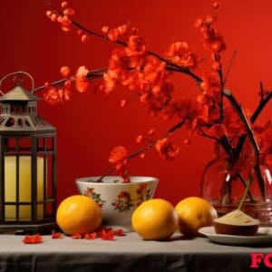 red lanterns, fruits, oranges, lemons and paper cranes.