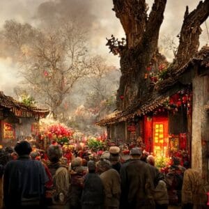 ancient chinese village, chinese new year, peach flower blossom, multi firework in the sky, bustling market, withered trees. happy new year concept. generate ai