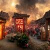 ancient chinese village, chinese new year, peach flower blossom, multi firework in the sky, bustling market, withered trees. happy new year concept. generate ai