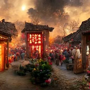 ancient chinese village, chinese new year, peach flower blossom, multi firework in the sky, bustling market, withered trees. happy new year concept. generate ai