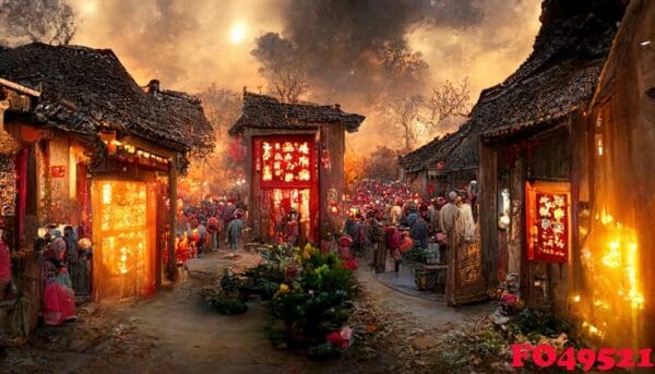 ancient chinese village, chinese new year, peach flower blossom, multi firework in the sky, bustling market, withered trees. happy new year concept. generate ai