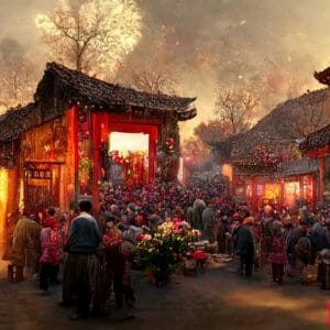 ancient chinese village, chinese new year, peach flower blossom, multi firework in the sky, bustling market, withered trees. happy new year concept. generate ai