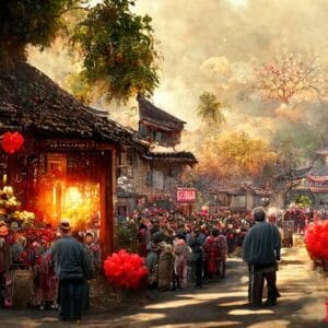 ancient chinese village, chinese new year, peach flower blossom, multi firework in the sky, bustling market, withered trees. happy new year concept. generate ai