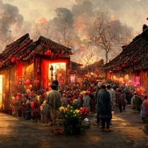 ancient chinese village, chinese new year, peach flower blossom, multi firework in the sky, bustling market, withered trees. happy new year concept. generate ai