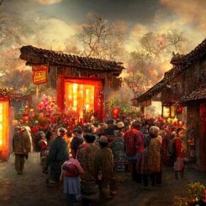 ancient chinese village, chinese new year, peach flower blossom, multi firework in the sky, bustling market, withered trees. happy new year concept. generate ai