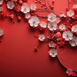 a red background with a mandala and chinese lanterns