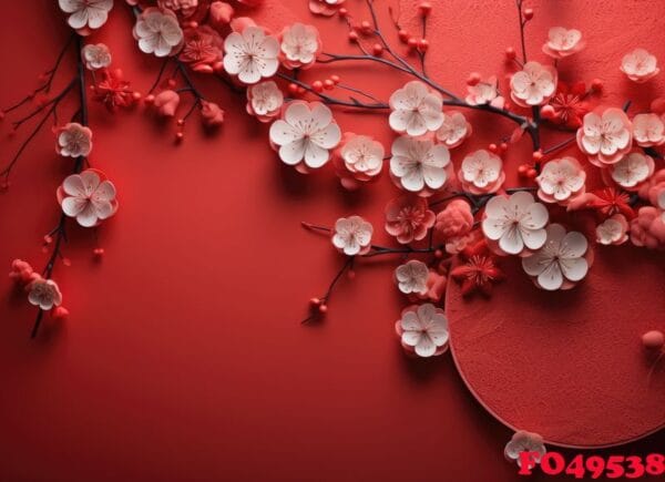 a red background with a mandala and chinese lanterns