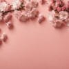 banner with cherry blossom on light pink background. greeting card template for wedding, mothers or womans day. springtime composition with copy space. flat lay style