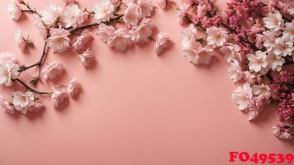 banner with cherry blossom on light pink background. greeting card template for wedding, mothers or womans day. springtime composition with copy space. flat lay style