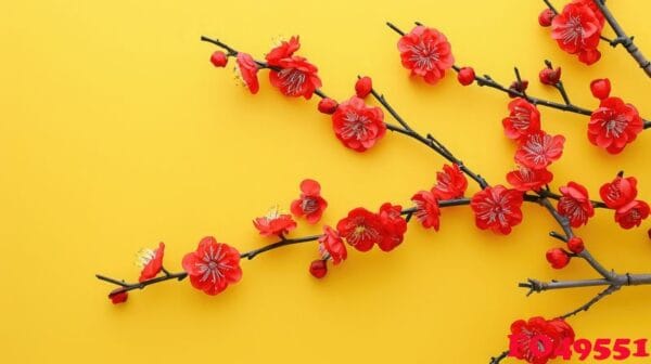 red apricot blossom branch on yellow background. flat lay. chinese new year decoration.