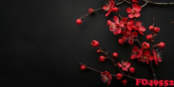 red cherry blossom branch against black backdrop, captured in macro photography