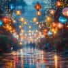 a night market scene with colorful lunar new year lights.