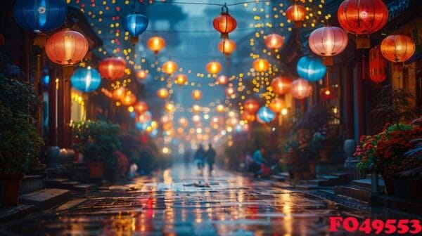 a night market scene with colorful lunar new year lights.