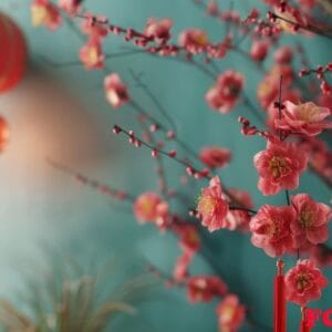 traditional chinese new year decorations with plum blossoms