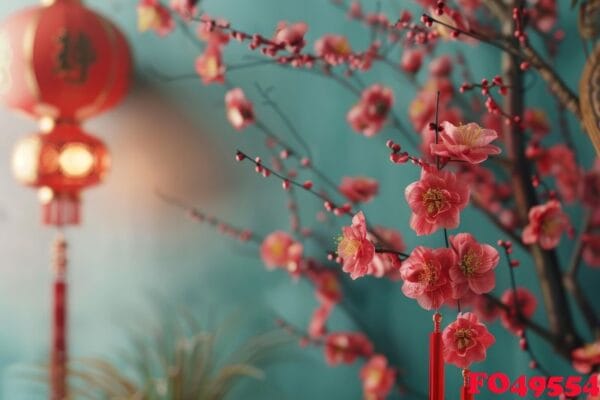 traditional chinese new year decorations with plum blossoms