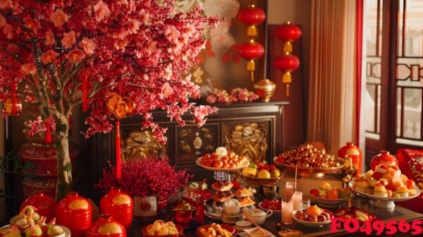 luxurious chinese new year with auspicious floral decor and boun