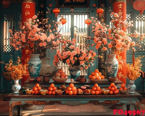 a decorated temple with lunar new year offerings.