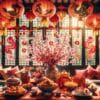 a festive living room adorned with vibrant red lanterns hanging from the ceiling, intricate paper cutouts on the windows, and a centerpiece of plum blossoms on the table. ai generated