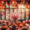 a festive living room adorned with vibrant red lanterns hanging from the ceiling, intricate paper cutouts on the windows, and a centerpiece of plum blossoms on the table. ai generated
