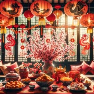 a festive living room adorned with vibrant red lanterns hanging from the ceiling, intricate paper cutouts on the windows, and a centerpiece of plum blossoms on the table. ai generated