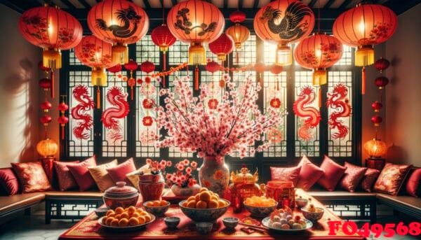 a festive living room adorned with vibrant red lanterns hanging from the ceiling, intricate paper cutouts on the windows, and a centerpiece of plum blossoms on the table. ai generated