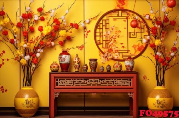 chinese new year in the house with flowers and ornaments,