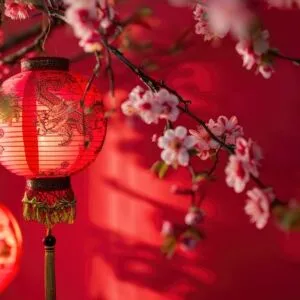 happy chinese new year, hanging beautiful lantern and flowers on red background. copy space.