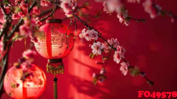 happy chinese new year, hanging beautiful lantern and flowers on red background. copy space.