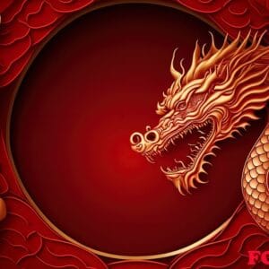 red chinese dragon in circle with flames on red