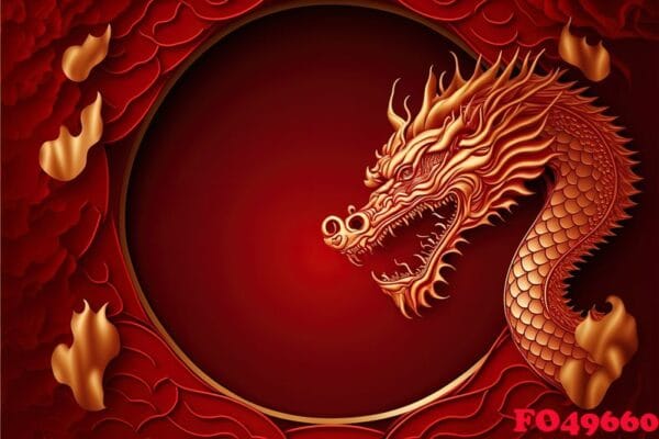 red chinese dragon in circle with flames on red