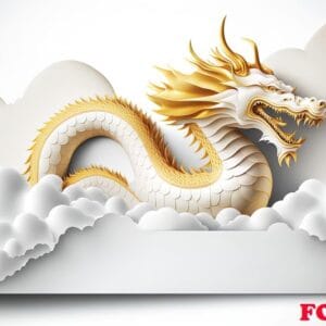 golden chinese dragon with paper clouds on yellow