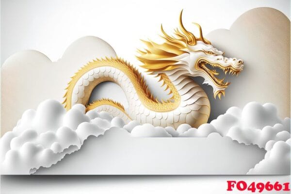 golden chinese dragon with paper clouds on yellow