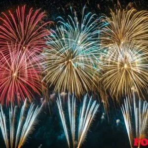 a panoramic view of fireworks with sparkling colors, creating a