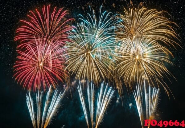 a panoramic view of fireworks with sparkling colors, creating a