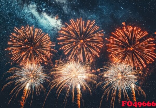 a panoramic view of fireworks with sparkling colors, creating a