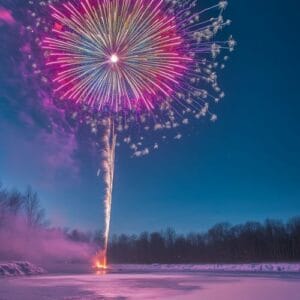 a vibrant fireworks display over a snowy landscape, creating con