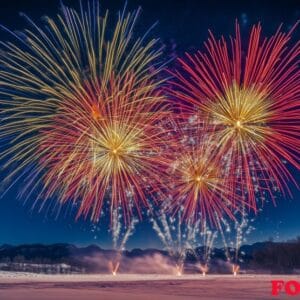 a vibrant fireworks display over a snowy landscape, creating con