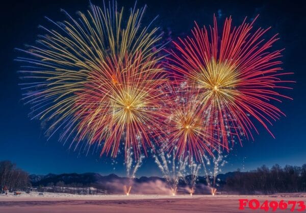 a vibrant fireworks display over a snowy landscape, creating con