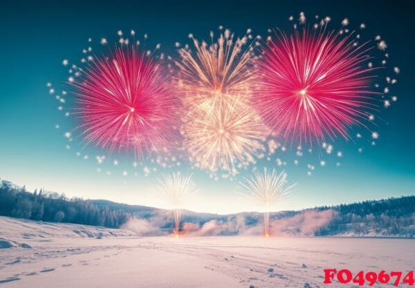 a vibrant fireworks display over a snowy landscape, creating con