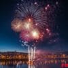 bright fireworks exploding in the night sky over a cityscape, re