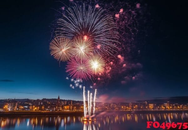 bright fireworks exploding in the night sky over a cityscape, re