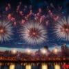 bright fireworks exploding in the night sky over a cityscape, re