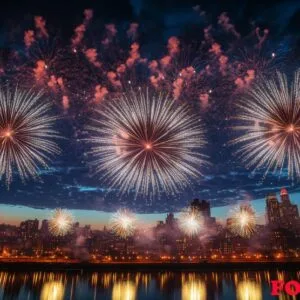bright fireworks exploding in the night sky over a cityscape, re