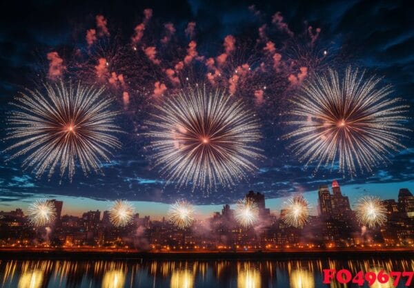 bright fireworks exploding in the night sky over a cityscape, re