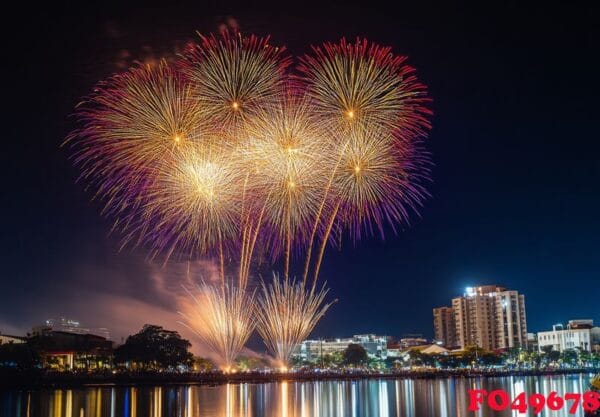 bright fireworks exploding in the night sky over a cityscape, re