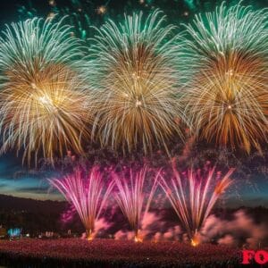 colorful fireworks lighting up the sky with large bursts, silhou