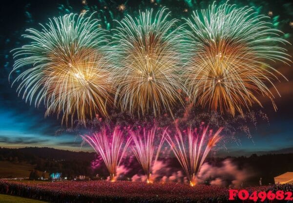 colorful fireworks lighting up the sky with large bursts, silhou